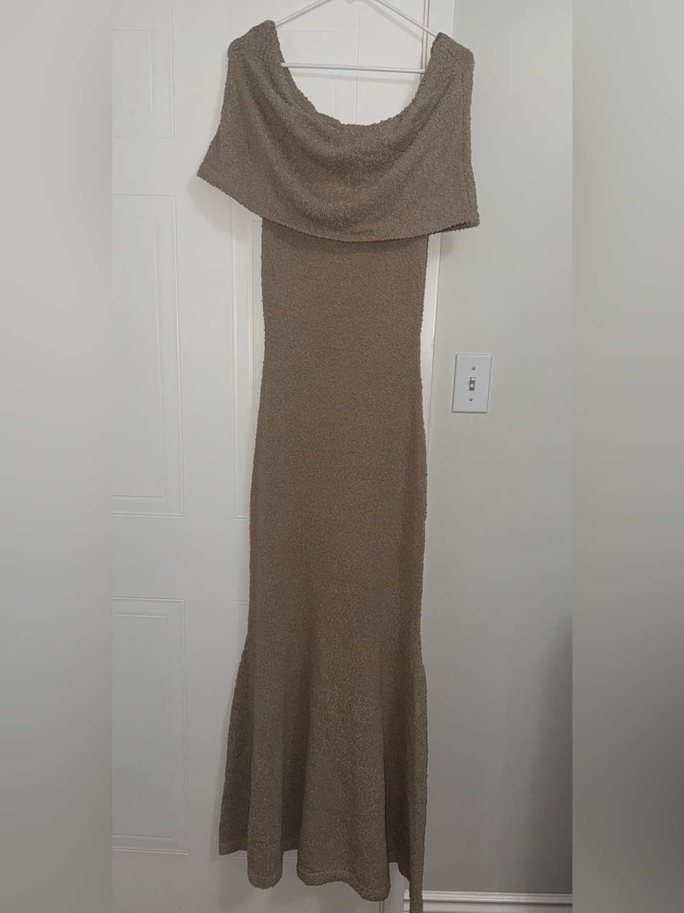 Fashion Nova Slim Knit Off the Shoulder Maxi Dress in Taupe